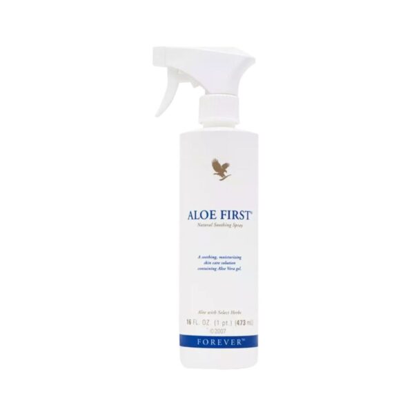 Forever Aloe First – Spray calmante e hidratante com aloe vera e ervas naturais, ideal para uso diário em pele e cabelo.