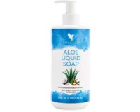 Frasco do Aloe Liquid Soap Forever com rótulo azul e branco, aloe vera e óleo de coco