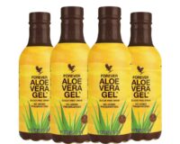 Kit com 4 garrafas de Aloe Vera Gel da Forever PET 1L, bebida funcional sem açúcar e sem conservantes.